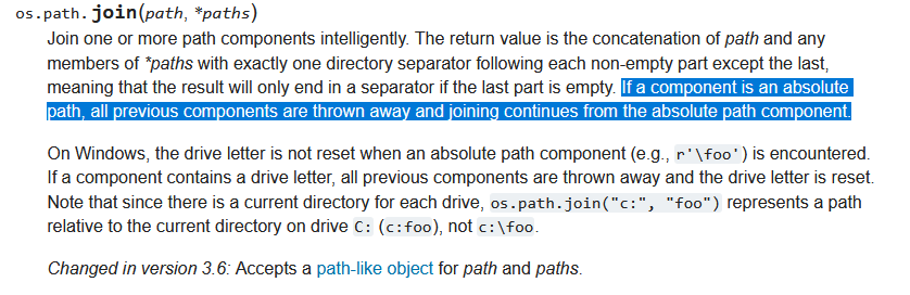 screenshot of Python's os.path.join documentation